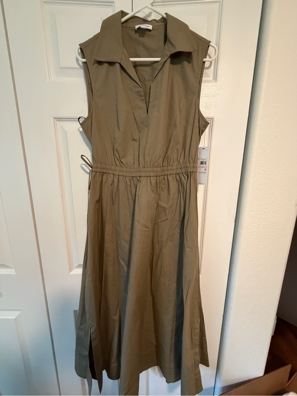 Calvin Klein Collared Sleeveless Olive Maxi Dress with Elastic Waist